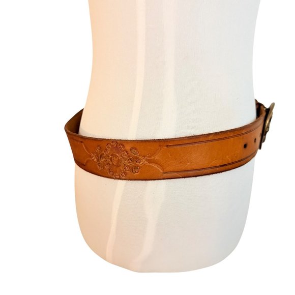Old Navy Leather Belt Size S Floral Brass Buckle Cognac Brown Embossed VTG Y2K main image 12